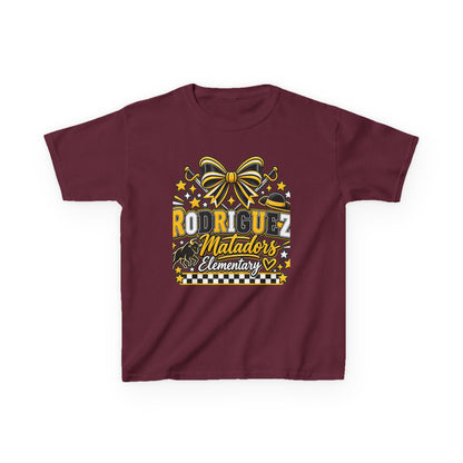 Rodriguez Matadors Elementary Kids T‑Shirt — School Spirit Bow & Mascot Tee