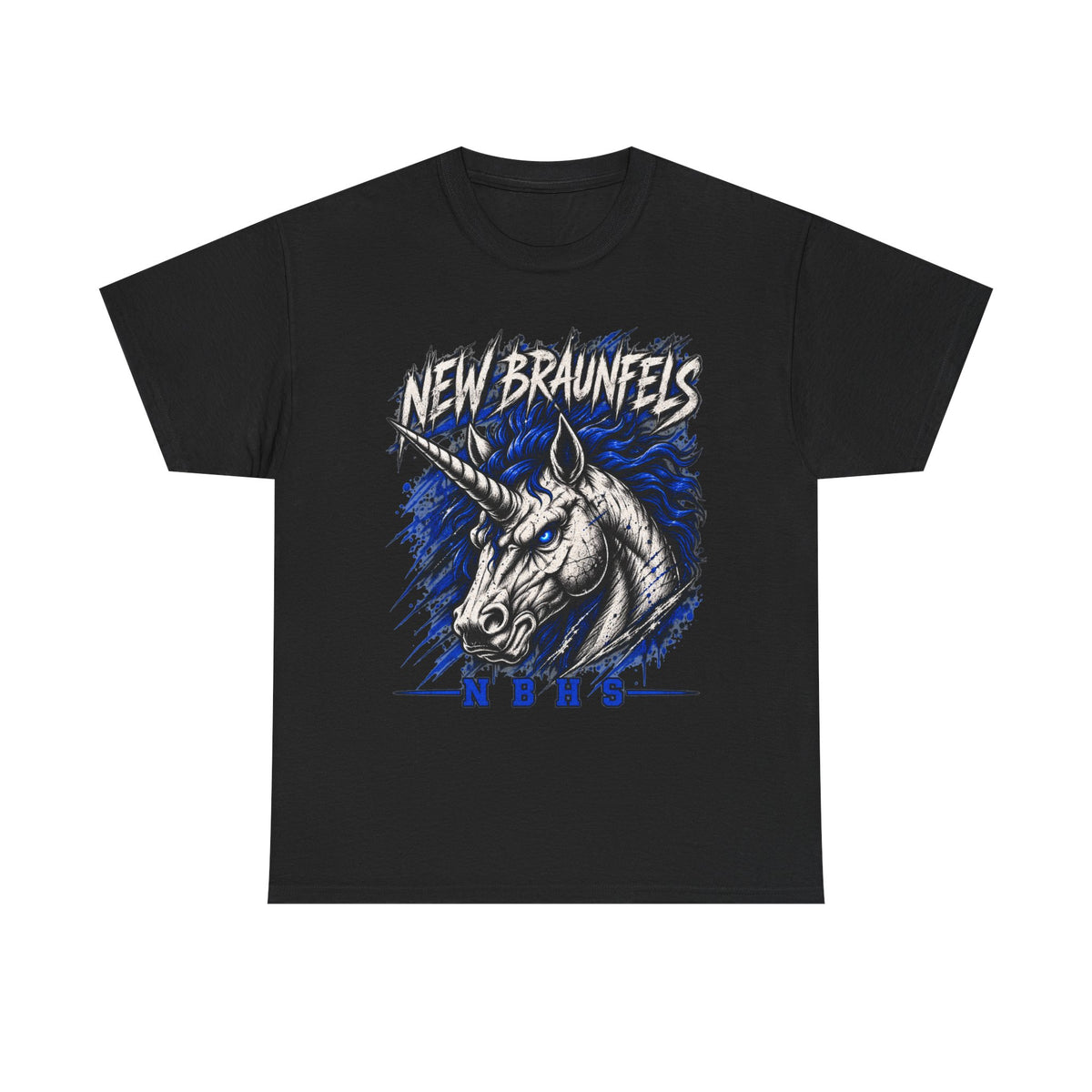 New Braunfels Unicorn Graphic Tee — Bold Blue Mythical Horse Shirt