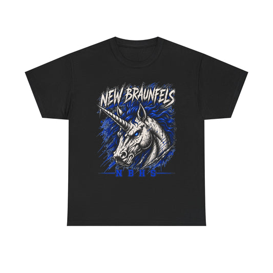New Braunfels Unicorn Graphic Tee — Bold Blue Mythical Horse Shirt