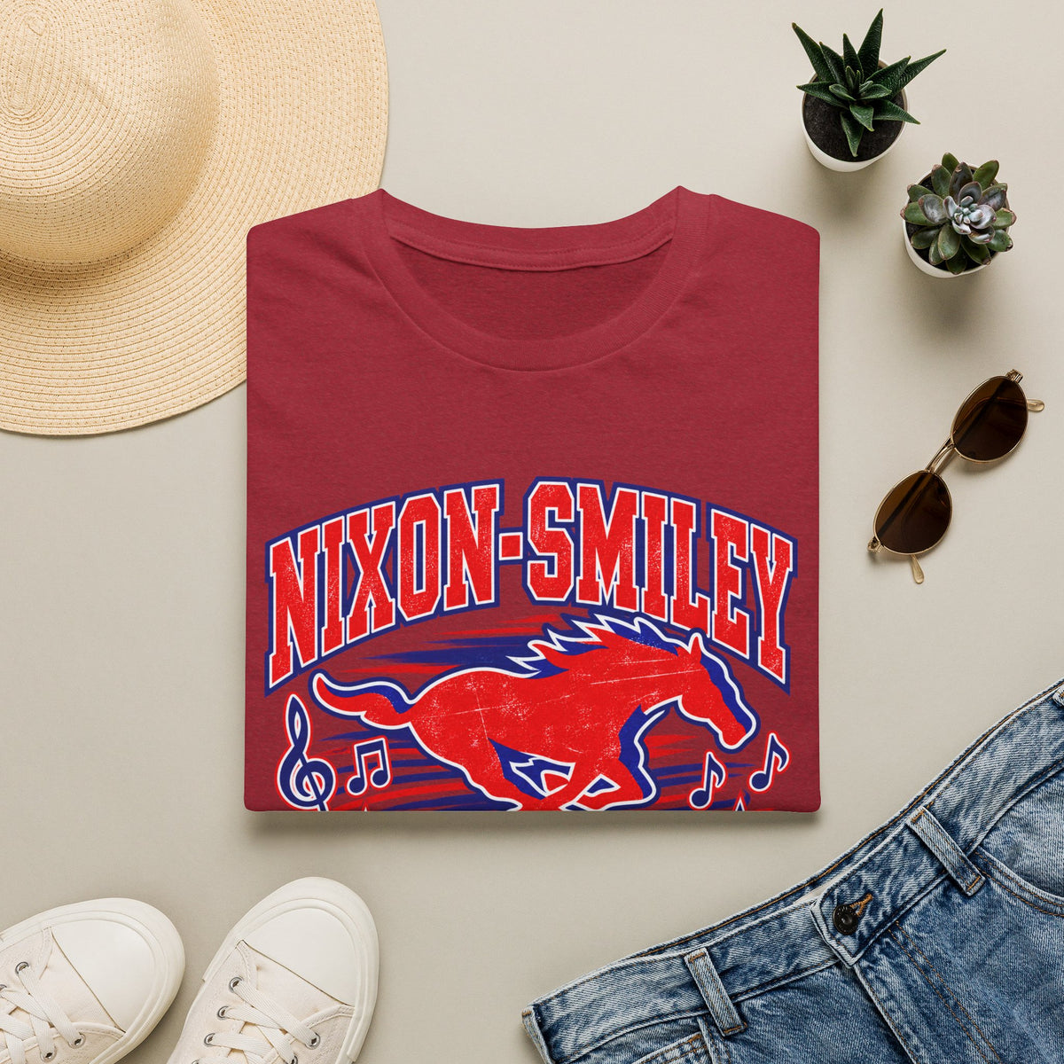 Nixon-Smiley Mustangs Band T-Shirt — Vintage Red Mustang Music Design