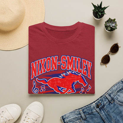 Nixon-Smiley Mustangs Band T-Shirt — Vintage Red Mustang Music Design