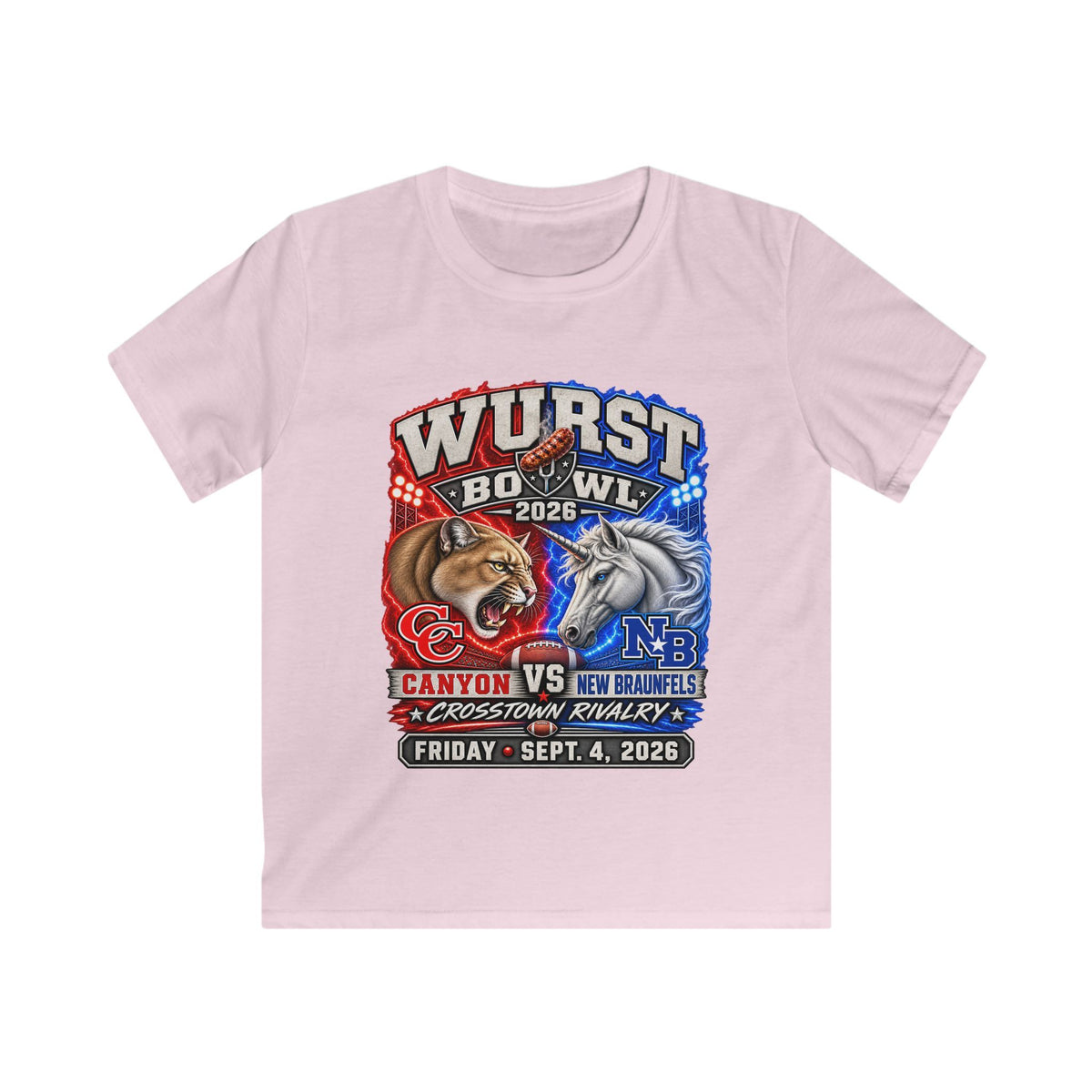 Kids Rivalry Football Tee — Canyon vs New Braunfels ‘Wurst Bowl’ 2026 Game Day Shirt