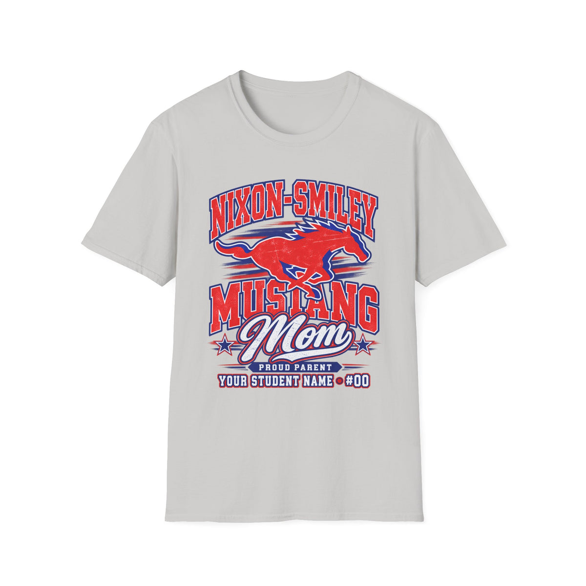 Mustang Mom T‑Shirt — Nixon‑Smiley School Spirit Tee (Customizable Student Name)