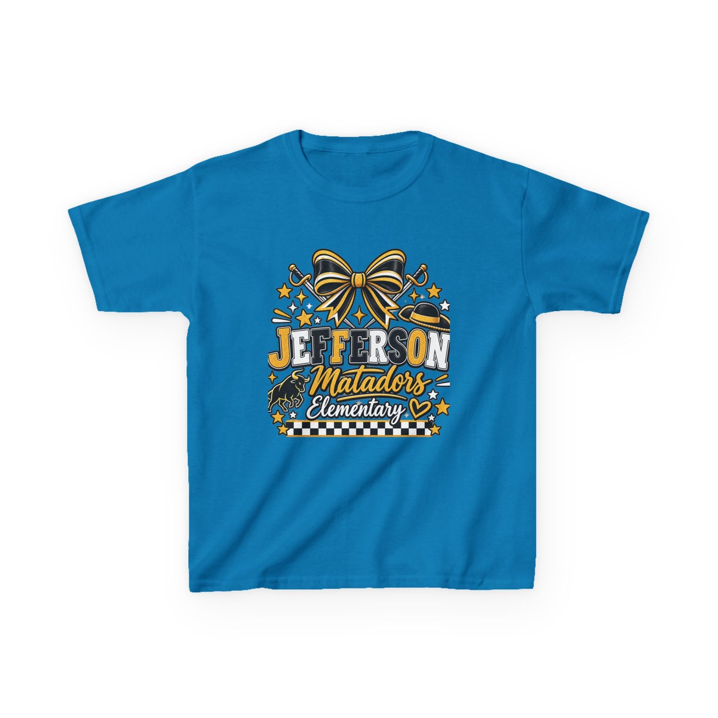 Jefferson Matadors Elementary Kids T-Shirt — School Spirit Bow & Mascot Tee