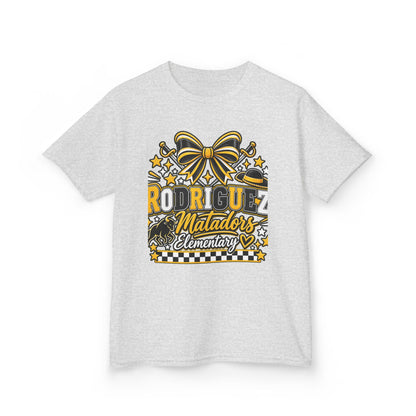 Rodriguez Matadors Elementary Kids T‑Shirt — School Spirit Bow & Mascot Tee