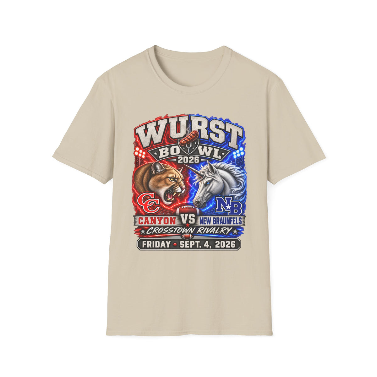 Wurst Bowl 2026 T‑Shirt — Rivalry Game Day Tee (Sausage vs. Unicorn)