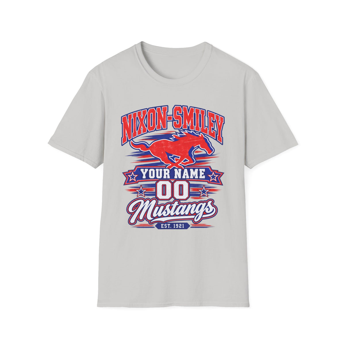 Customizable Mustang Team T-Shirt — 'Nixon-SMiley' Personalized Jersey Tee