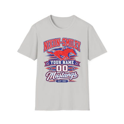 Customizable Mustang Team T-Shirt — 'Nixon-SMiley' Personalized Jersey Tee