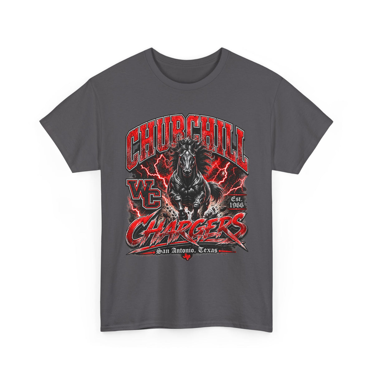 Churchill Chargers Mascot T‑Shirt — Vintage Black Stallion School Team Tee