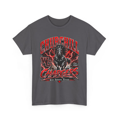 Churchill Chargers Mascot T‑Shirt — Vintage Black Stallion School Team Tee