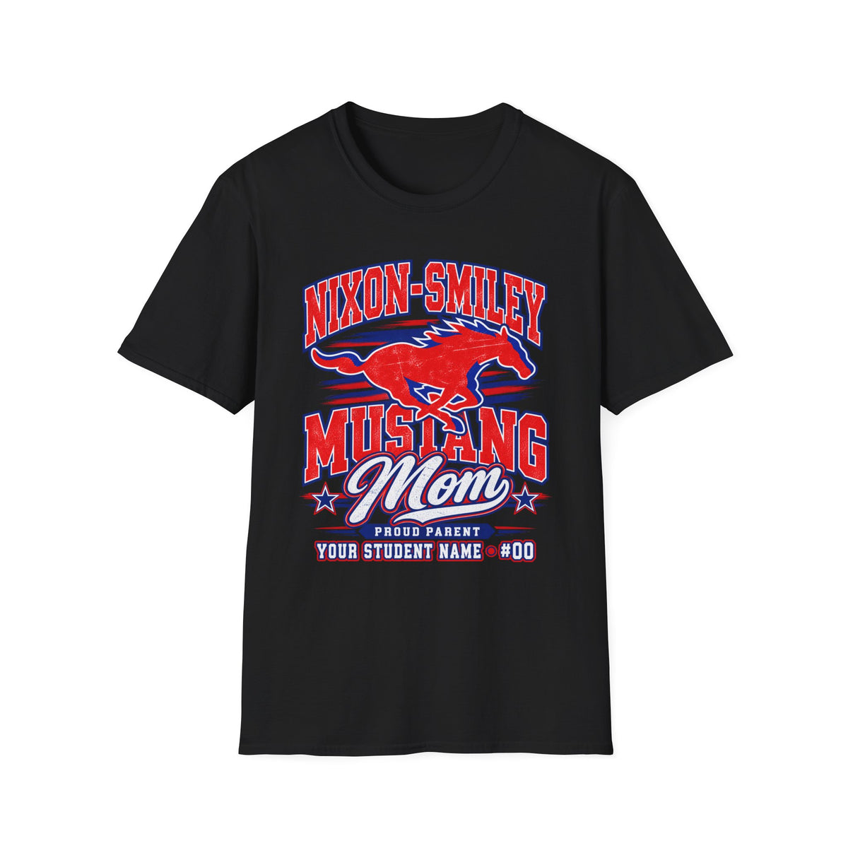Mustang Mom T‑Shirt — Nixon‑Smiley School Spirit Tee (Customizable Student Name)