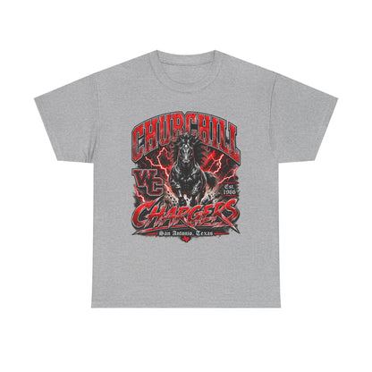 Churchill Chargers Mascot T‑Shirt — Vintage Black Stallion School Team Tee