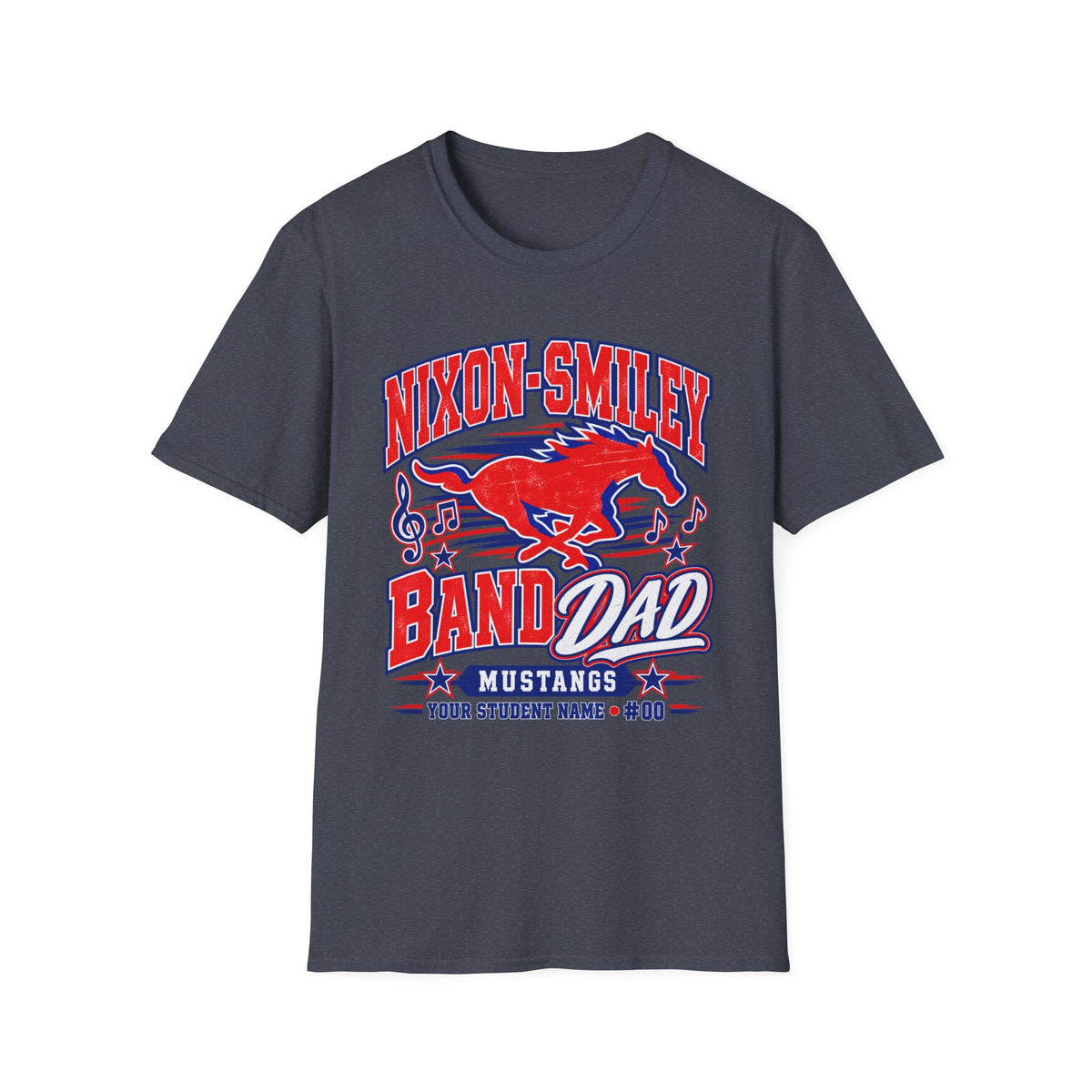 Nixon-Smiley Mustangs Band T-Shirt — Vintage Red Mustang Music Design