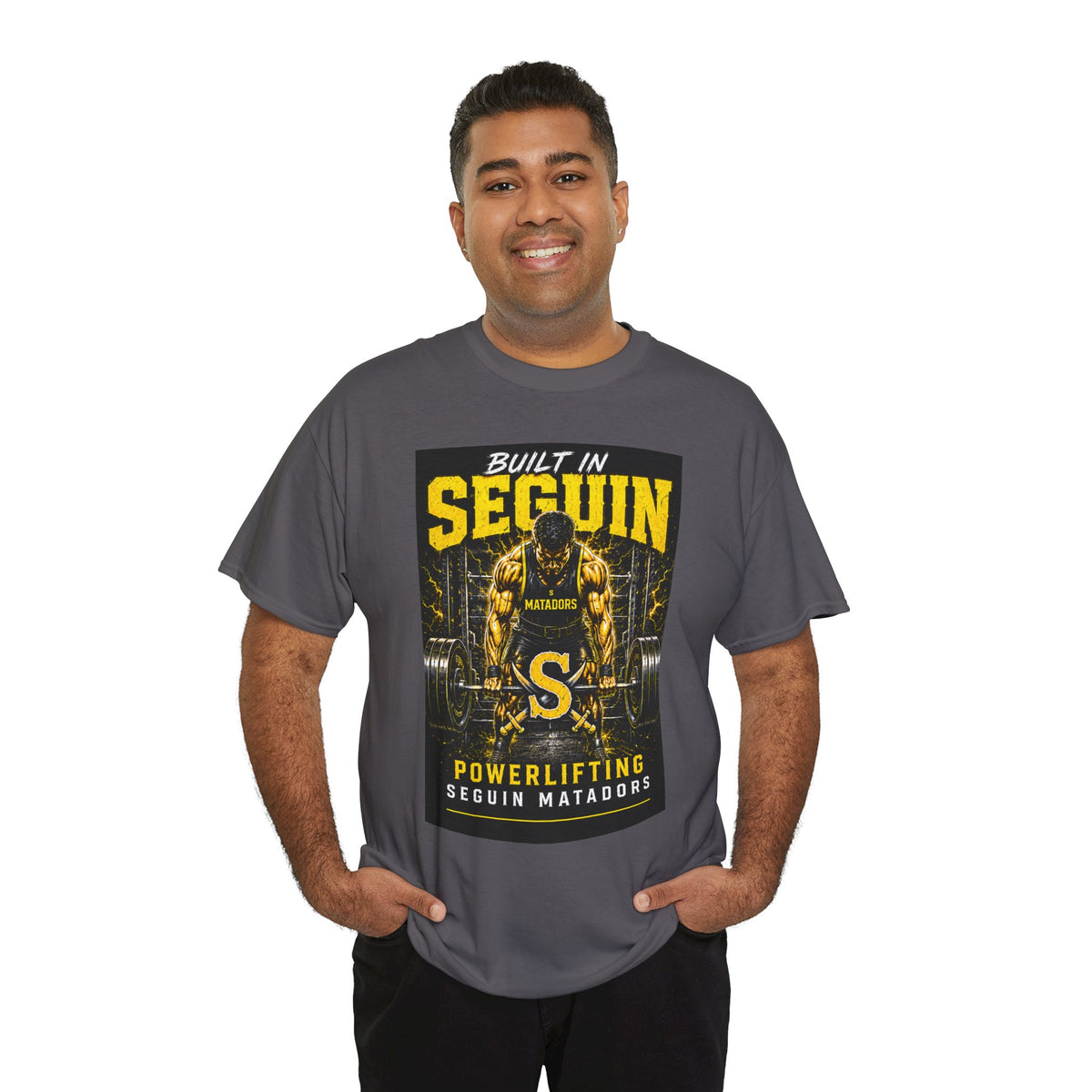 Seguin Powerlifting T-Shirt — "Built in Seguin" Matadors Gym Tee