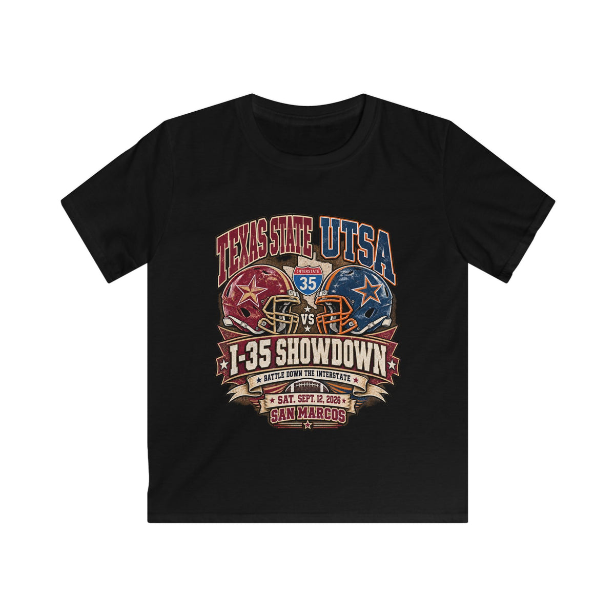 Kids Football Tee – I-35 Showdown Texas State vs UTSA Youth Game Shirt
