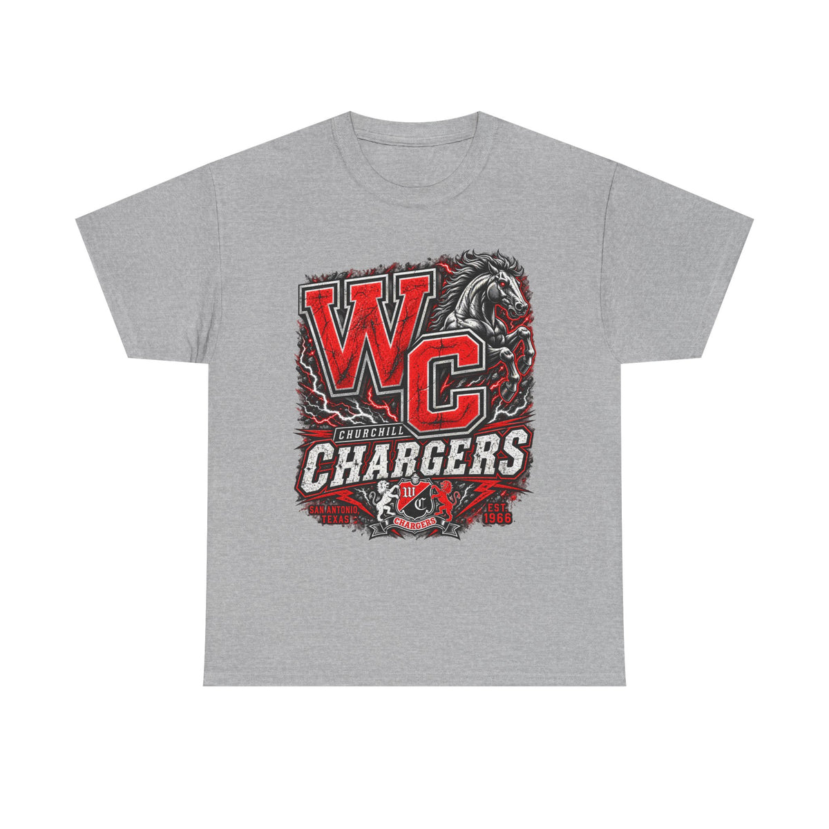 Chargers WC Mascot T-Shirt — Bold Red & Black School Spirit Tee