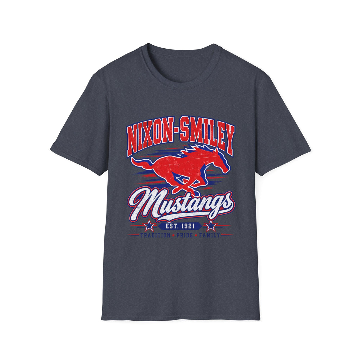 Nixon-Smiley Mustangs Tee — Retro School Mascot T-Shirt