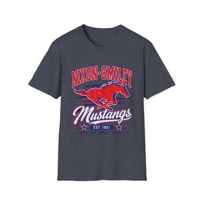 Nixon-Smiley Mustangs Tee — Retro School Mascot T-Shirt