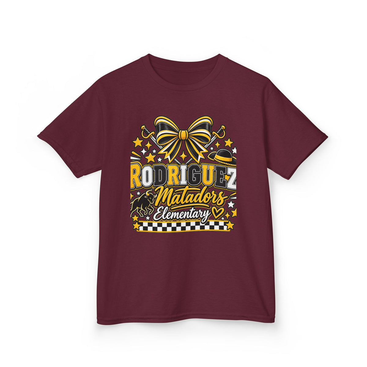 Rodriguez Matadors Elementary Kids T‑Shirt — School Spirit Bow & Mascot Tee