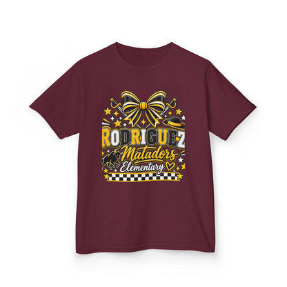 Rodriguez Matadors Elementary Kids T‑Shirt — School Spirit Bow & Mascot Tee