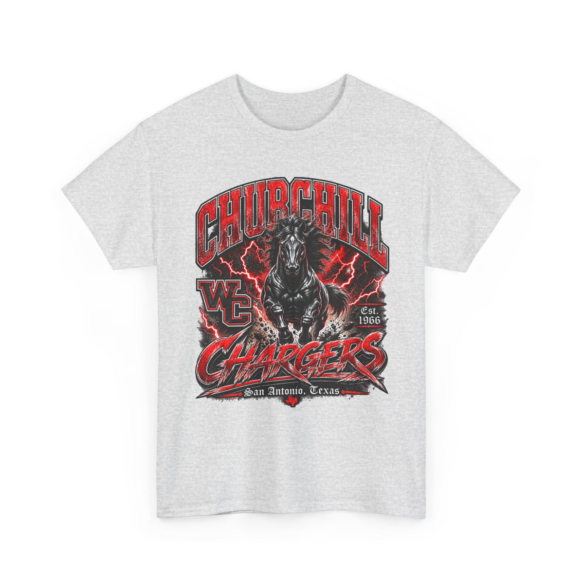 Churchill Chargers Mascot T‑Shirt — Vintage Black Stallion School Team Tee