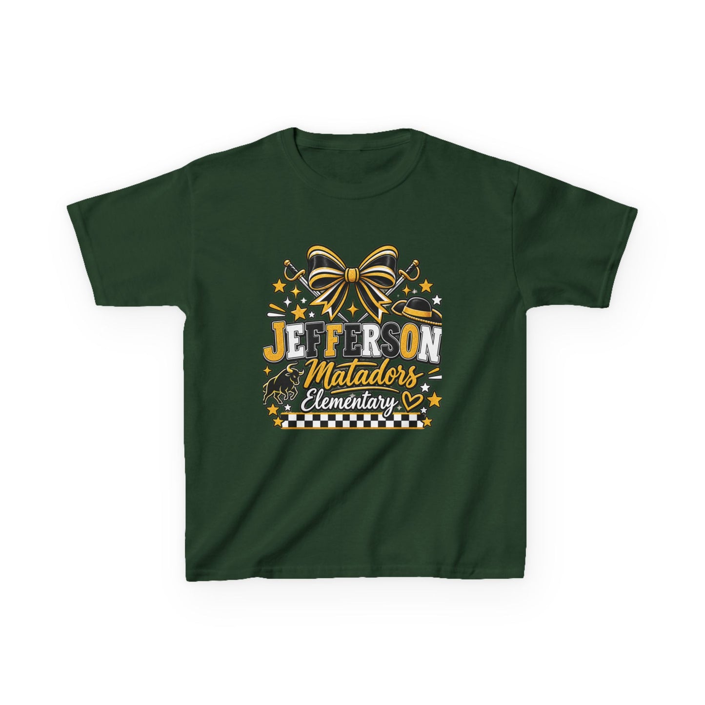 Jefferson Matadors Elementary Kids T-Shirt — School Spirit Bow & Mascot Tee