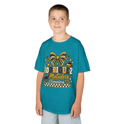 Rodriguez Matadors Elementary Kids T‑Shirt — School Spirit Bow & Mascot Tee