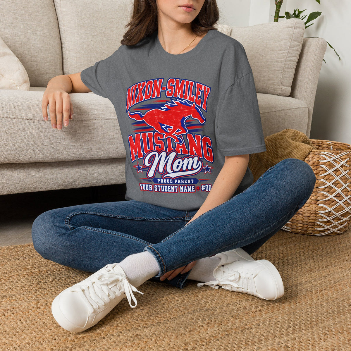 Mustang Mom T‑Shirt — Nixon‑Smiley School Spirit Tee (Customizable Student Name)