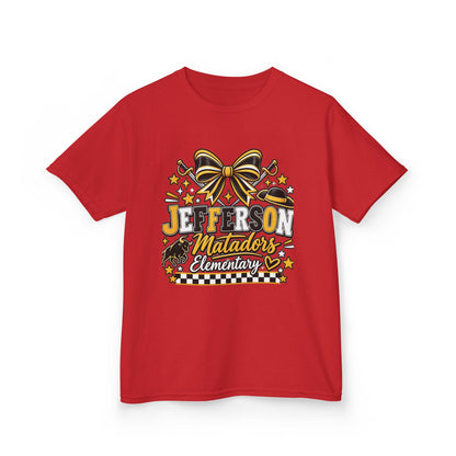 Jefferson Matadors Elementary Kids T-Shirt — School Spirit Bow & Mascot Tee