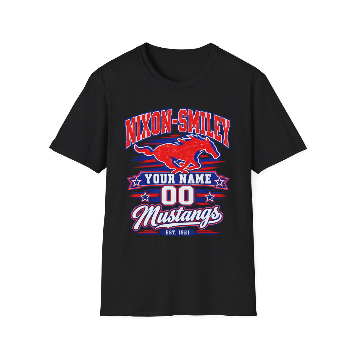 Customizable Mustang Team T-Shirt — 'Nixon-SMiley' Personalized Jersey Tee
