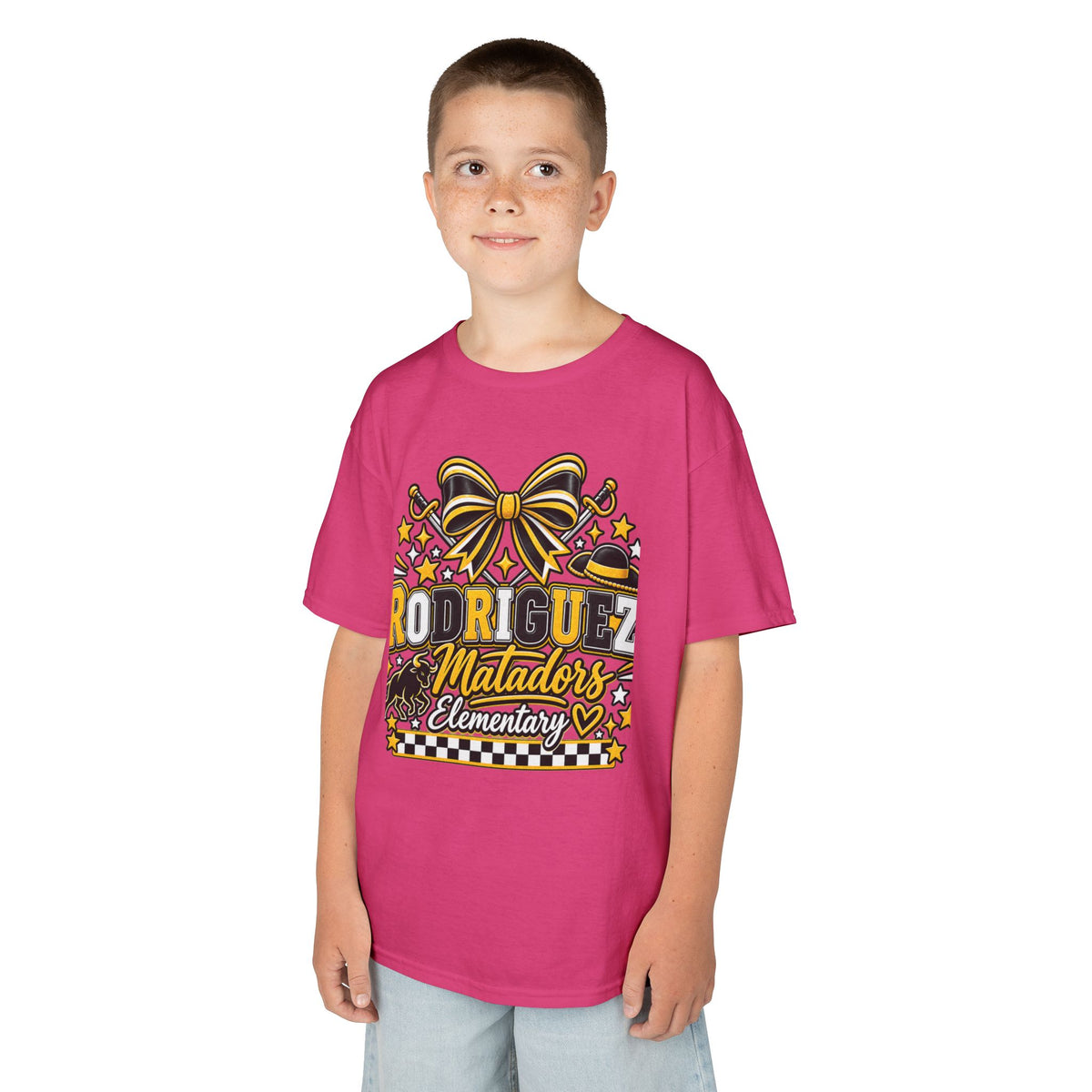 Rodriguez Matadors Elementary Kids T‑Shirt — School Spirit Bow & Mascot Tee