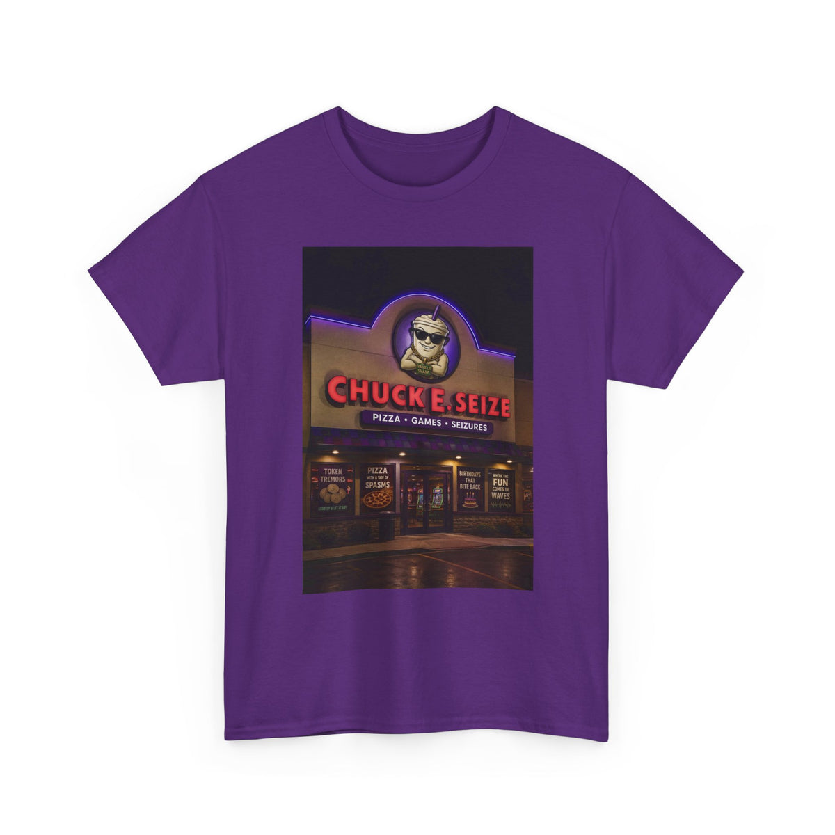 Chuck E Seize Neon Sign T-Shirt — Retro Arcade Pizza Parody Tee