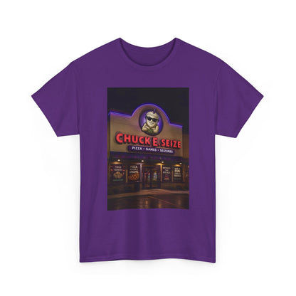 Chuck E Seize Neon Sign T-Shirt — Retro Arcade Pizza Parody Tee