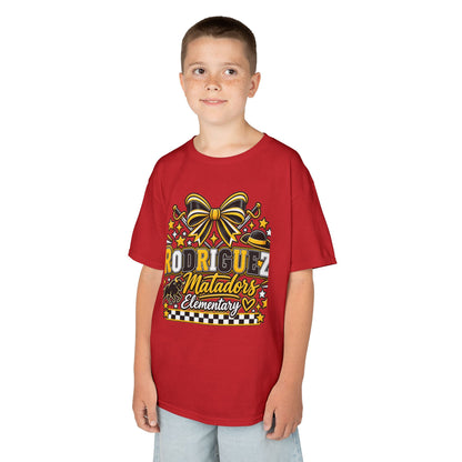 Rodriguez Matadors Elementary Kids T‑Shirt — School Spirit Bow & Mascot Tee