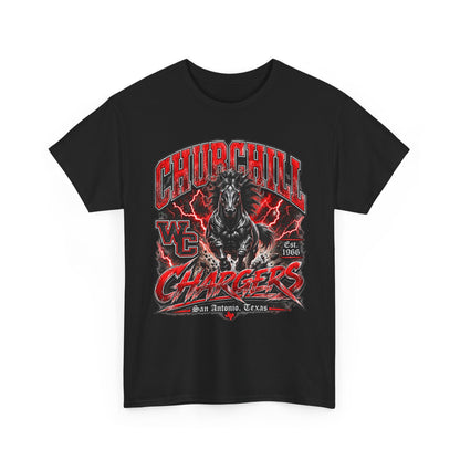 Churchill Chargers Mascot T‑Shirt — Vintage Black Stallion School Team Tee