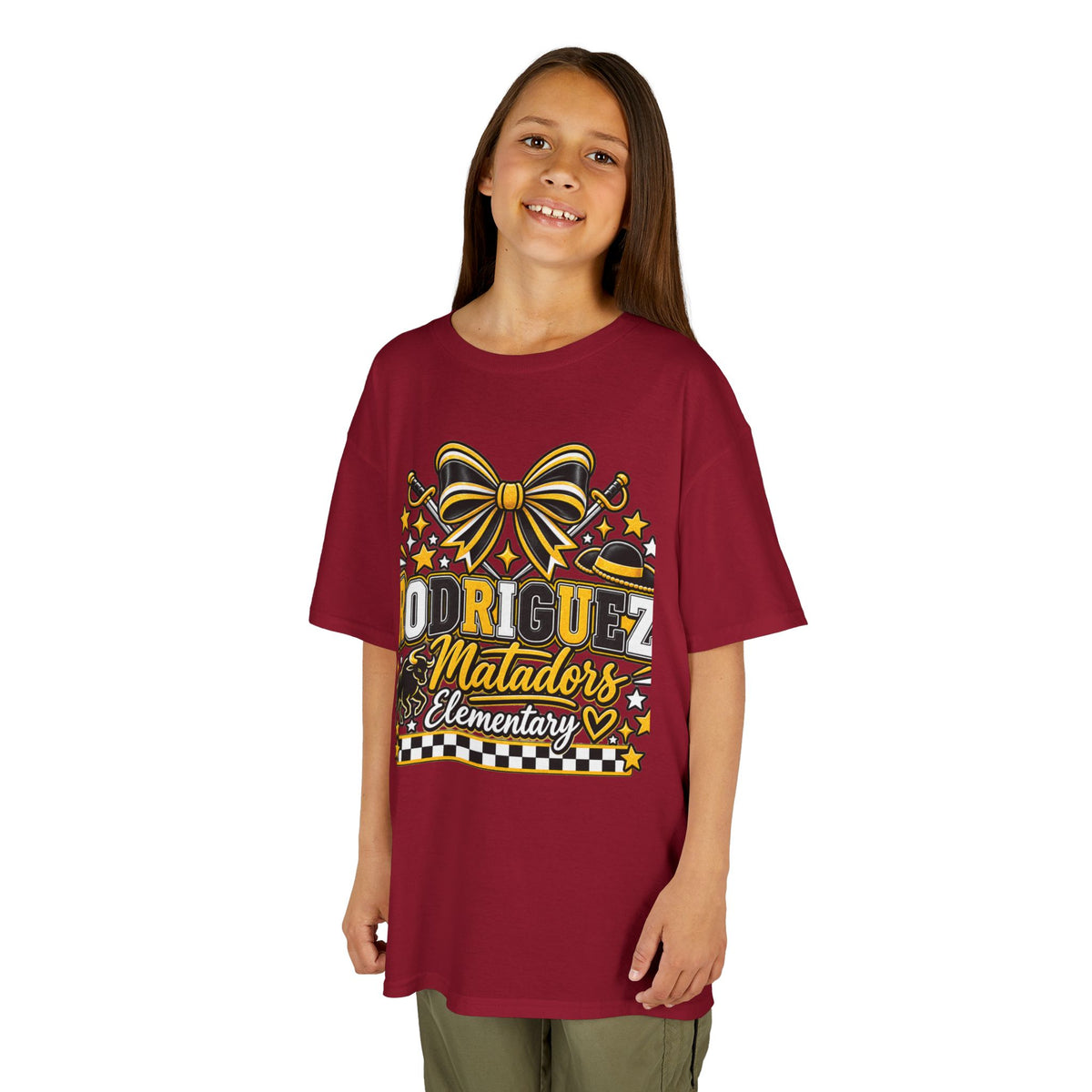 Rodriguez Matadors Elementary Kids T‑Shirt — School Spirit Bow & Mascot Tee