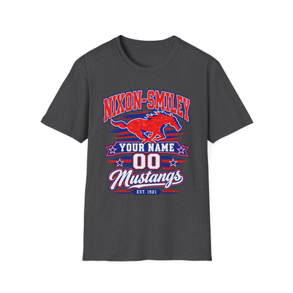 Customizable Mustang Team T-Shirt — 'Nixon-SMiley' Personalized Jersey Tee
