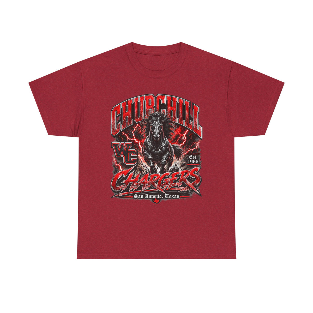 Churchill Chargers Mascot T‑Shirt — Vintage Black Stallion School Team Tee