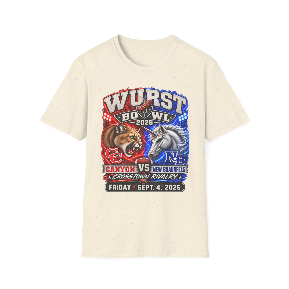 Wurst Bowl 2026 T‑Shirt — Rivalry Game Day Tee (Sausage vs. Unicorn)