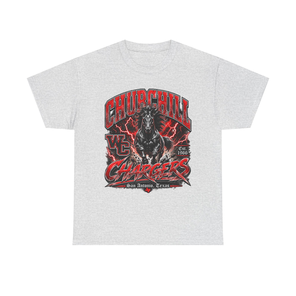 Churchill Chargers Mascot T‑Shirt — Vintage Black Stallion School Team Tee