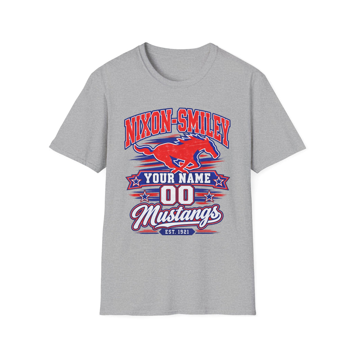 Customizable Mustang Team T-Shirt — 'Nixon-SMiley' Personalized Jersey Tee