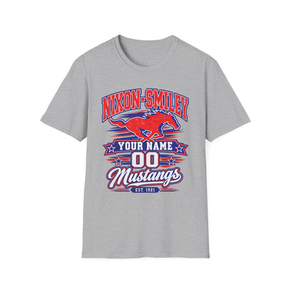 Customizable Mustang Team T-Shirt — 'Nixon-SMiley' Personalized Jersey Tee