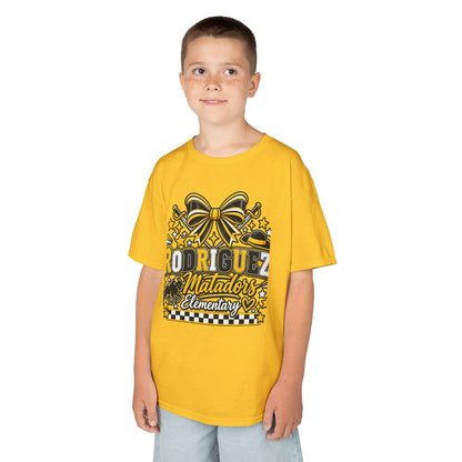 Rodriguez Matadors Elementary Kids T‑Shirt — School Spirit Bow & Mascot Tee
