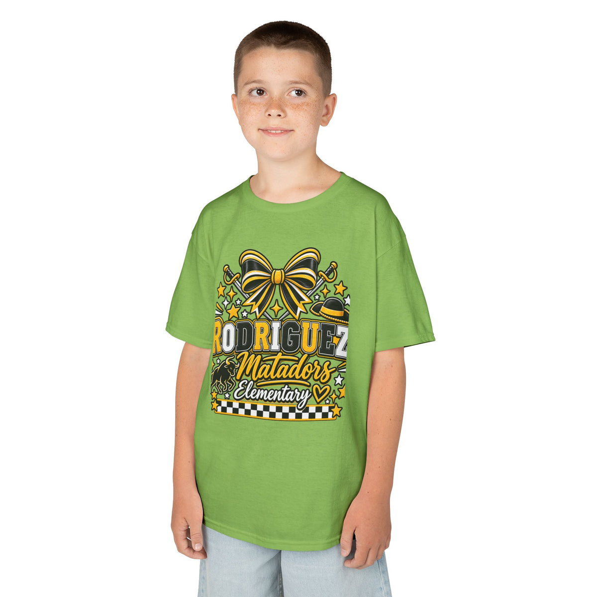 Rodriguez Matadors Elementary Kids T‑Shirt — School Spirit Bow & Mascot Tee