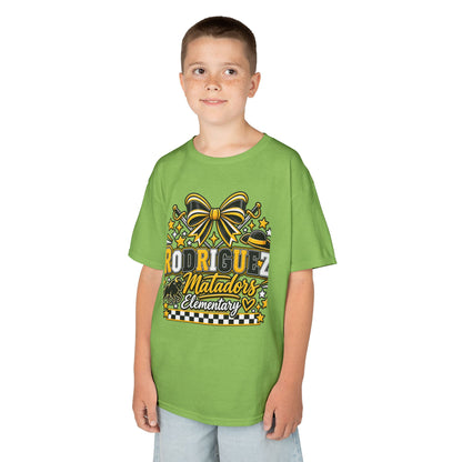 Rodriguez Matadors Elementary Kids T‑Shirt — School Spirit Bow & Mascot Tee