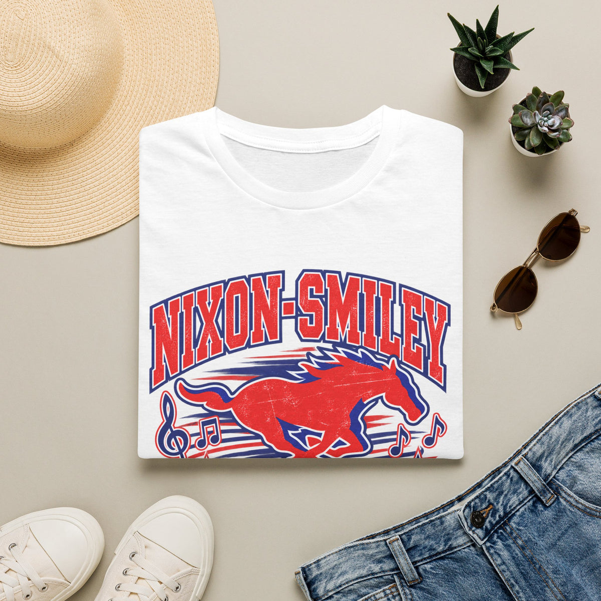 Nixon-Smiley Mustangs Band T-Shirt — Vintage Red Mustang Music Design