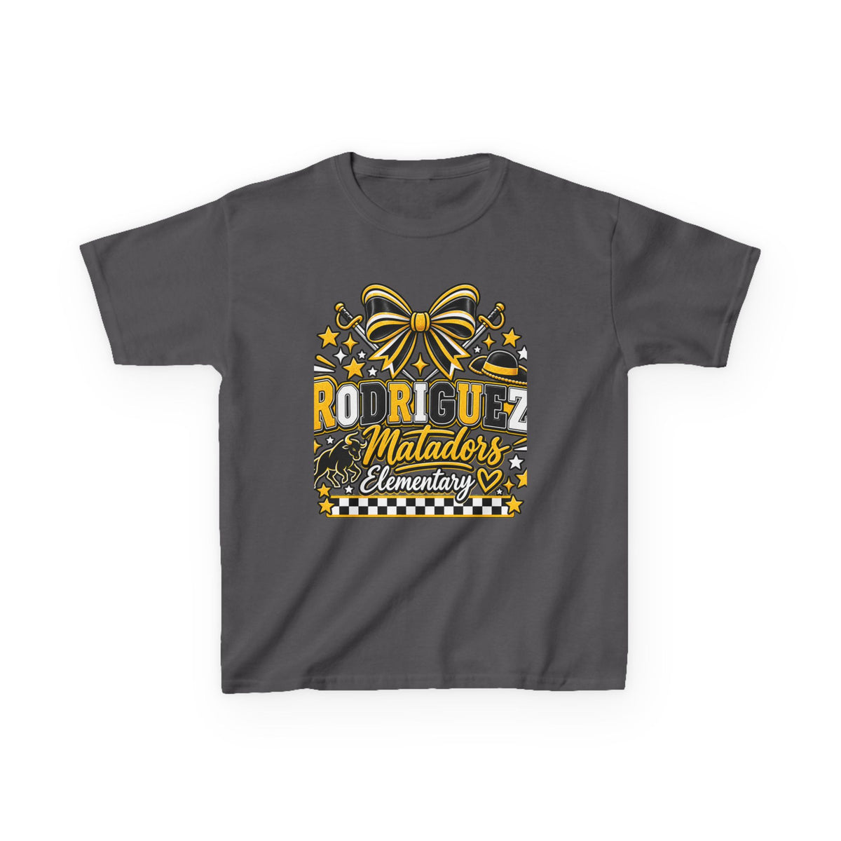 Rodriguez Matadors Elementary Kids T‑Shirt — School Spirit Bow & Mascot Tee