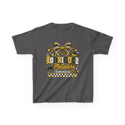 Rodriguez Matadors Elementary Kids T‑Shirt — School Spirit Bow & Mascot Tee