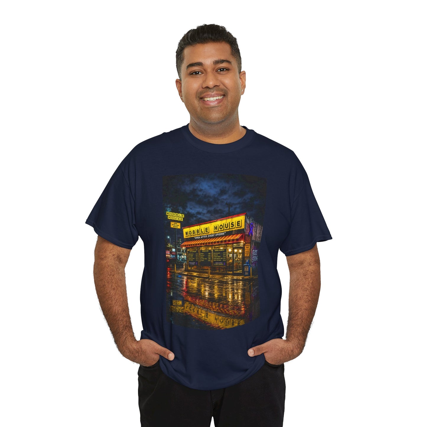 Diner Neon Night T-Shirt — Retro Rainy Cityscape Graphic Tee