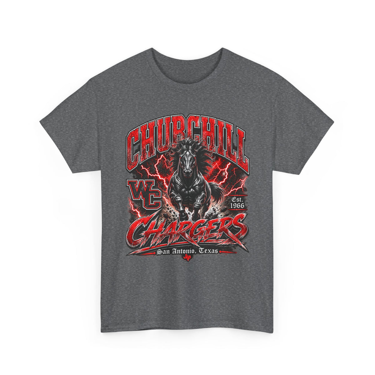 Churchill Chargers Mascot T‑Shirt — Vintage Black Stallion School Team Tee